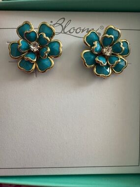 bloom Teal Enamel Flower Earrings with Gold Trim